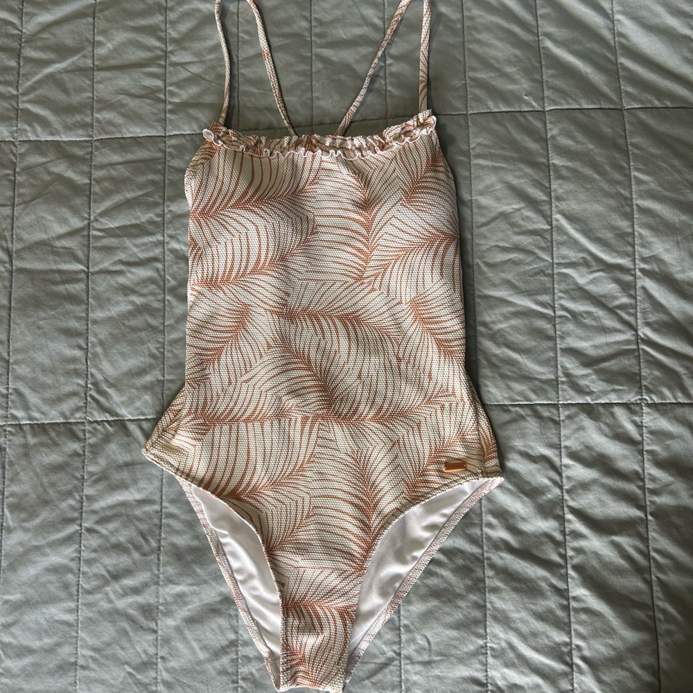 Roxy White and Tan Leaf Design Bathing Suit